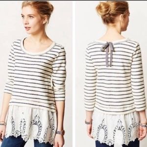 Anthropologie Striped Pullover with Lace Trim